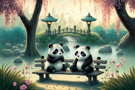 Scene With Cute Pandas In The Park