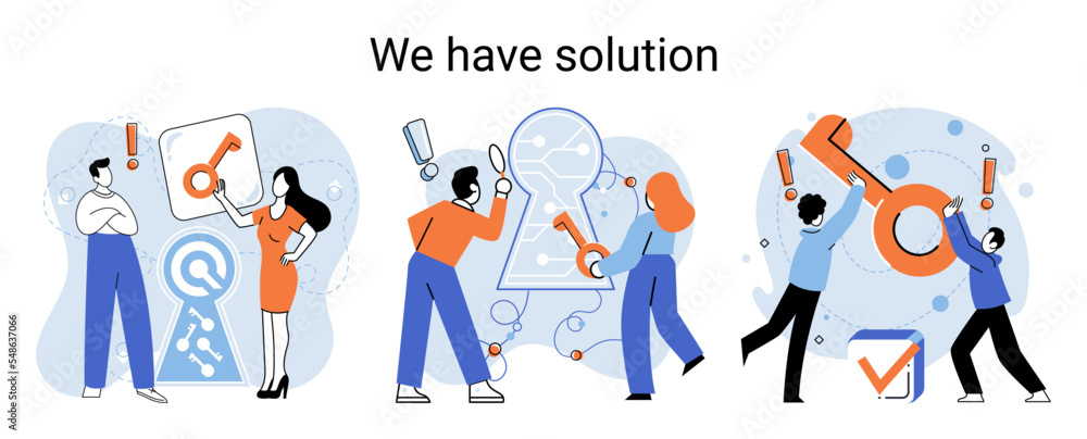 Poster reaching solution as result of work of business team. startup employees. goal thinking. cooperation 