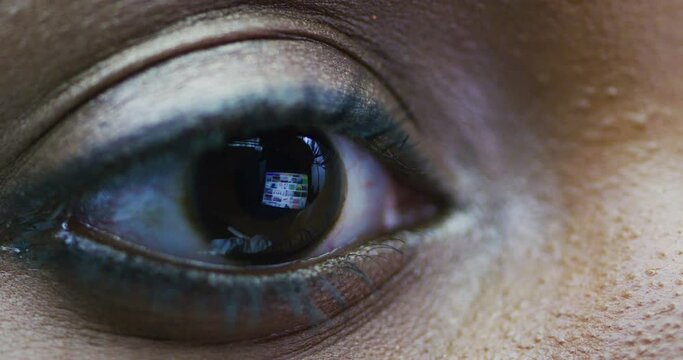 Black Woman, Eye And Computer Monitor Reflection For Reading News, Internet Research And Data Analytics With Information. Eyeball Zoom For Vision, Focus And Light While Watching And Scrolling Online