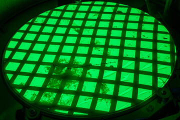 Environmental laboratory, actinolite fibers (asbestos variety) seen on the fluorescent screen of a...
