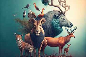 2D Illustration With Wild Animals