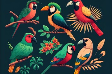 Obraz premium Exotic Tropical Birds Retro Icons Cartoon Style