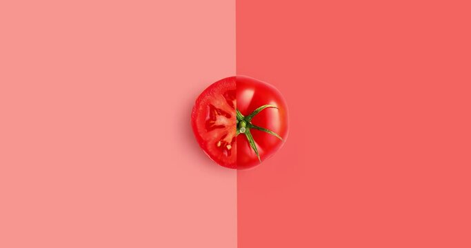 Creative animation made of tomato full an peeled on the pink background. Animation concept food. 
