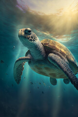 Sea Turtle Swimming in the Ocean, Digital Illustration, Concept Art