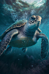 Fototapeta premium Sea Turtle Swimming in the Ocean, Digital Illustration, Concept Art
