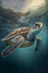 Fototapeta premium Sea Turtle Swimming in the Ocean, Digital Illustration, Concept Art