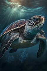 Sea Turtle Swimming in the Ocean, Digital Illustration, Concept Art