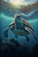Obraz premium Sea Turtle Swimming in the Ocean, Digital Illustration, Concept Art