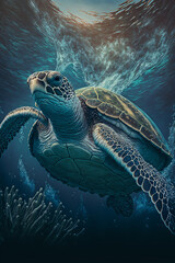 Obraz premium Sea Turtle Swimming in the Ocean, Digital Illustration, Concept Art