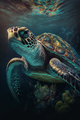 Obraz premium Sea Turtle Swimming in the Ocean, Digital Illustration, Concept Art