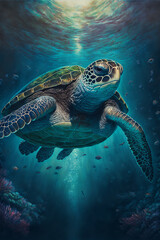 Fototapeta na wymiar Sea Turtle Swimming in the Ocean, Digital Illustration, Concept Art