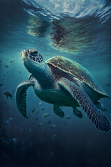Fototapeta premium Sea Turtle Swimming in the Ocean, Digital Illustration, Concept Art