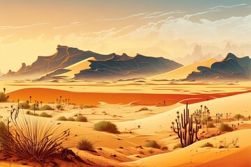 Naklejka na ściany i meble Panoramic Landscape Hot Desert, Sand Dunes - 2D Illustrated Illustration
