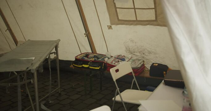 Equipment In Interior Of Medical Tent. Providing First Aid At Sports Event. Marathon Run Race, Berlin, Germany