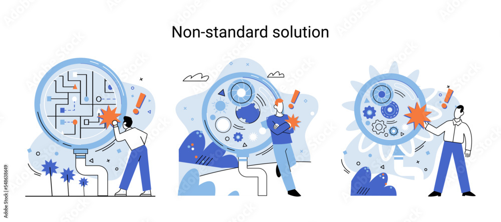 Poster non standart solution metaphor. creation of individual decision for integration of disparate product