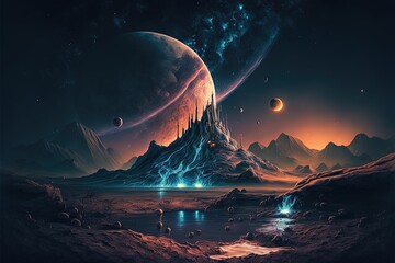 Space Illustration, Night Alien Fantasy Landscape