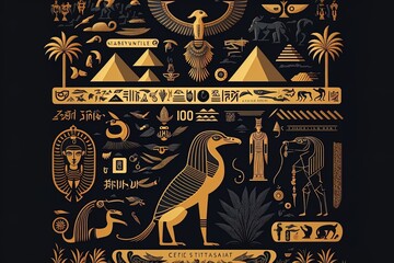 Egyptian Hieroglyphics Background With Flat Design - obrazy, fototapety, plakaty