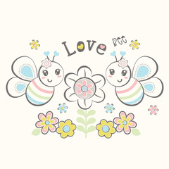 Obraz na płótnie Canvas Cute cartoon bee with beautiful flowers and beehive