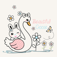 cute swan vector with beautiful flower