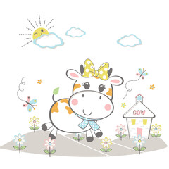Obraz na płótnie Canvas cute cow beautiful flower garden vector