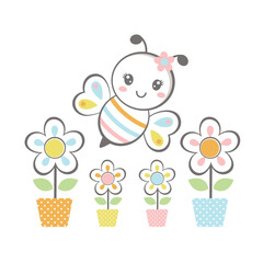 Cute cartoon bee with beautiful flowers and beehive