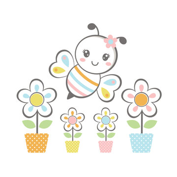 Cute cartoon bee with beautiful flowers and beehive
