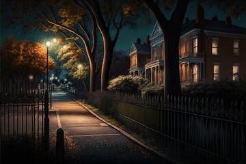 Fototapeta na wymiar City Street With Park Behind Fence At Night