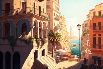 Fototapeta premium Illustration Of Mediterranean City