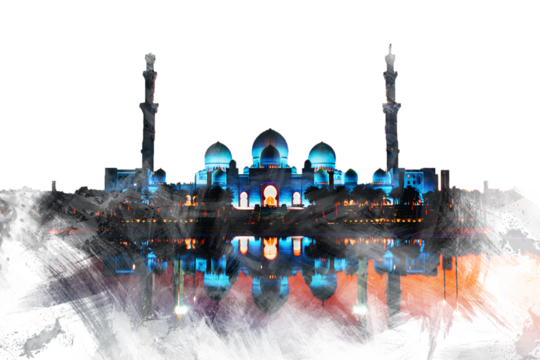 Grand Mosque in Dubai - Panorama of Sheikh Zayed Grand Mosque in Abu Dhabi near Dubai at night, United Arab EMirates