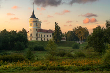 View of the Castle of the Russian Emperor Paul I-Marienthal (BIP fortress) from the Slavyanka River, Pavlovskon a sunny summer morning, Saint Petersburg, Russia