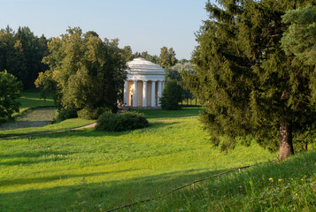 View of the Temple of Friendship on the bank of the Slavyanka River in the Pavlovsky Park on a...