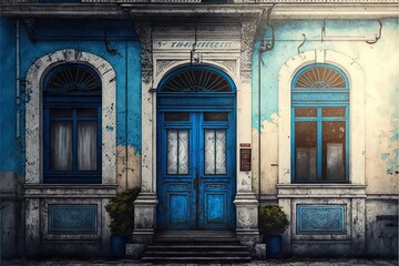 Facade Of An Old Building With Blue Doors