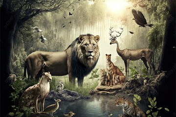 Naklejka na ściany i meble Wild Animals In Forest Landscape Background