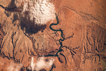 Aerial view of the San Juan River meeting with Lake Powell. Image courtesy of the Earth Science and Remote Sensing Unit, NASA Johnson Space Center.