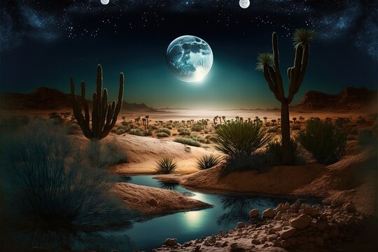 Night Desert Oasis Under Full Moon Starry Sky