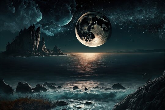 Sea Landscape With Moon And Stars In Sky At Night