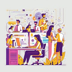 People Team at Work Illustration in an Office or Laboratory, with computers, in a focused and productive mood.
