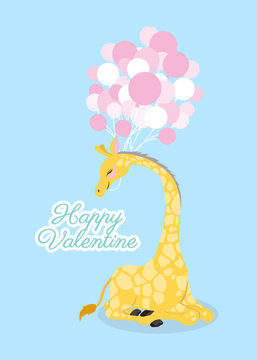 valentine card with cute giraffe and balloons