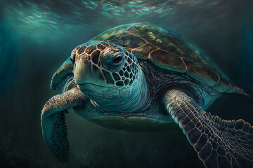 Sea turtle swimming in the Ocean, Digital Illustration, Concept Art