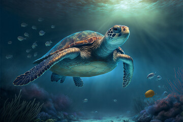 Fototapeta premium Sea turtle swimming in the Ocean, Digital Illustration, Concept Art, Generative AI