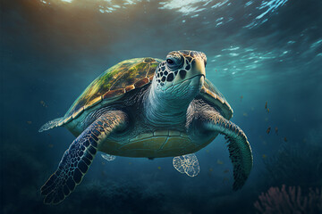 Fototapeta premium Sea turtle swimming in the Ocean, Digital Illustration, Concept Art