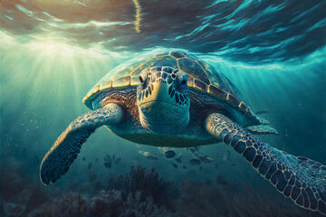 Fototapeta premium Sea turtle swimming in the Ocean, Digital Illustration, Concept Art, Generative AI