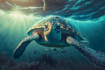 Fototapeten Sea turtle swimming in the Ocean, Digital Illustration, Concept Art, Generative AI © Badger