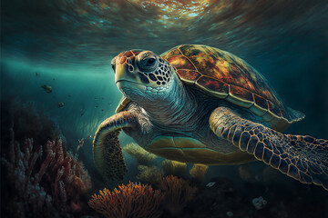 Obraz premium Sea turtle swimming in the Ocean, Digital Illustration, Concept Art