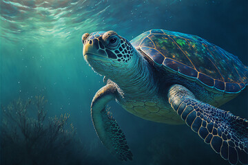 Naklejka na ściany i meble Sea turtle swimming in the Ocean, Digital Illustration, Concept Art, Generative AI
