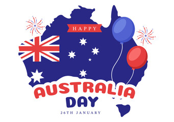 Happy Australia Day Observed Every Year on January 26th with Flags and Map to Diversity of Peoples in Flat Cartoon Hand Drawn Template Illustration