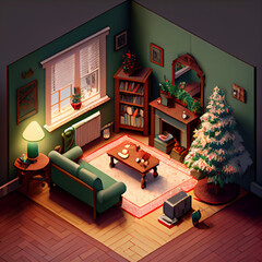 Living room christmas , tree, presents, american realism, isometric view