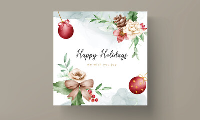 Beautiful watercolor floral Christmas card template