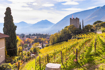 View to Ortenstein Castle, also known as Powder Tower of Merano, South tyrol, Italy at the...