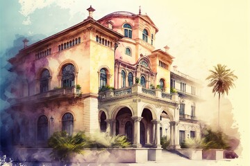 Fototapeta na wymiar Illustration Of Mediterranean City Building Exterior Water Color Style